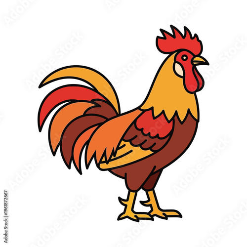 A stylized rooster standing confidently with vibrant feathers and a striking comb