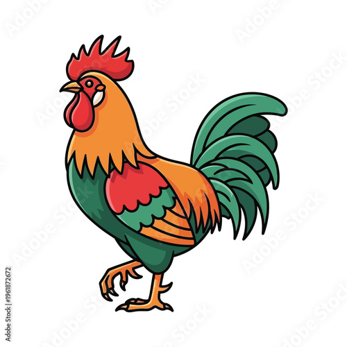 Vibrant rooster standing confidently with colorful plumage and vivid details