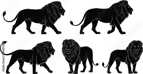 Black lion silhouette illustrations with detailed manes in multiple poses, showcasing strength, wildlife power, animal anatomy, and artistic reference for nature, design, and educational projects