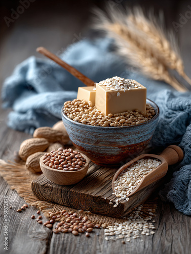 Plant based protein sources variety including tofu, tempeh, beans, ealthy vegan nutrition ingredients closeup.