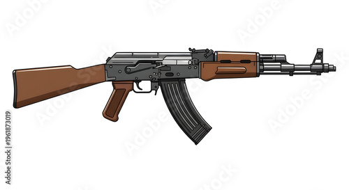 Modern assault rifle illustration, tactical automatic firearm on white background, military grade carbine weapon for gaming and security concepts