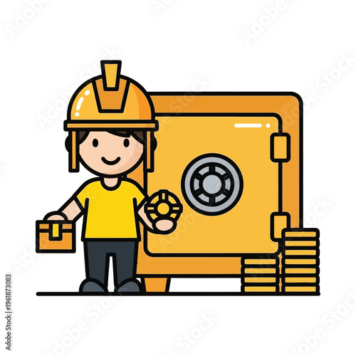 Construction worker securing a large vault with tools and a keycard