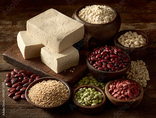 Vegan nutrition ingredients closeup, showcasing healthy plant based ingredients.