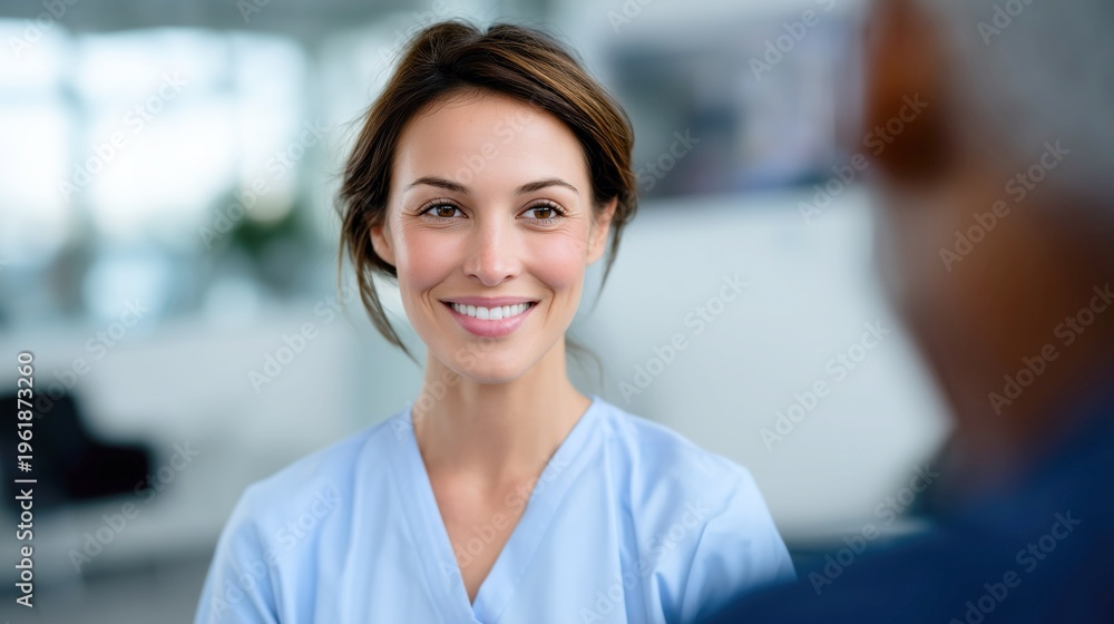 Fototapeta premium Smiling female nurse in medical uniform consulting senior patient in modern clinic. Healthcare professional providing support and care during appointment in bright hospital interior