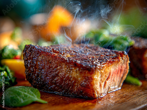 A thick cut of meat is being grilled to perfection over an open flame, Picanha steak being grilled over open flame.
