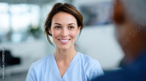 Free Download Smiling female nurse in medical uniform consulting senior patient in modern clinic. Healthcare professional providing support and care during appointment in bright hospital interior - GFXLoad