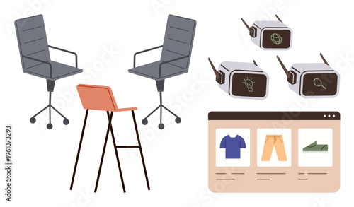 Workplace design, virtual reality, e-commerce technology, online shopping trends, augmented reality tools, retail innovation. Office chairs, AR glasses and an online store webpage. Workplace design