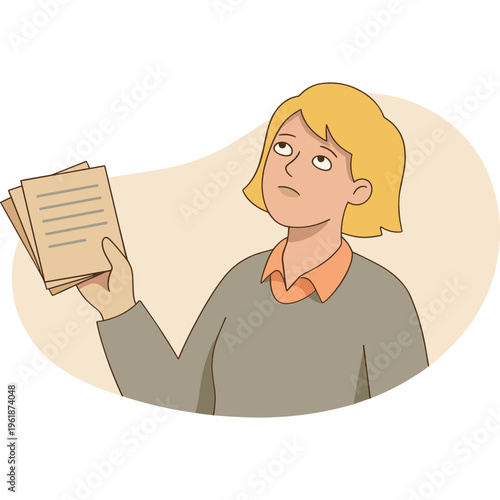 A woman holds papers and looks concerned indoors with documents