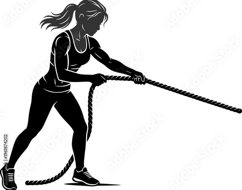 Silhouette vector illustration of a fit woman training with battle ropes. High-intensity interval training (HIIT), functional fitness, and female strength concept.