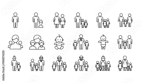 People and Family Outline Icons Set – Relationship and Social Line Vector Collection