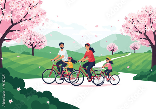 Parent Couple Taking Toddlers for a Bike Ride in Sakura Garden 