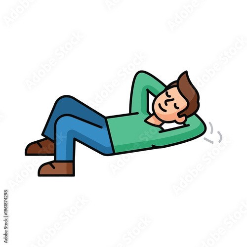 A person relaxing on a green couch with eyes closed and legs stretched out