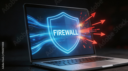 Laptop with a network firewall protection system that blocks cyber threats. Cyber ​​defense technology.