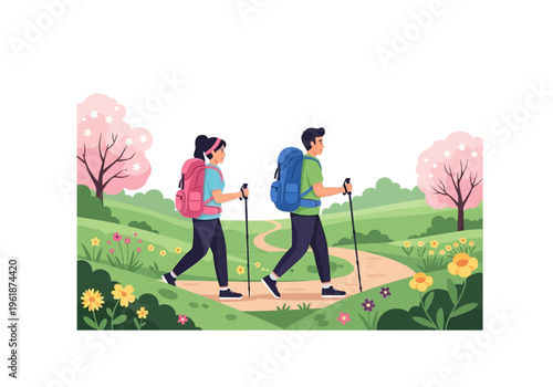 Couple Hiking on Mountain Trail with Spring Flowers