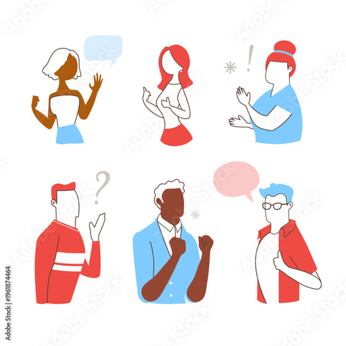 Diverse People Avatars Set with Speech Bubbles and Hand Gestures for Social Media Communication and Network Feedback