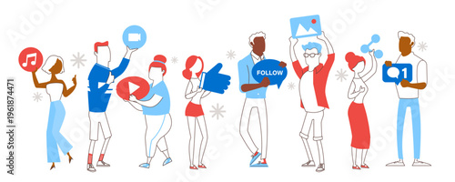 Diverse People Holding Social Media Icons for Marketing Engagement Networking and Digital Communication Illustration