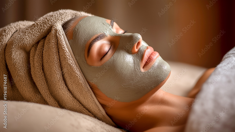 Naklejka premium spa scene with woman relaxing with facial mask