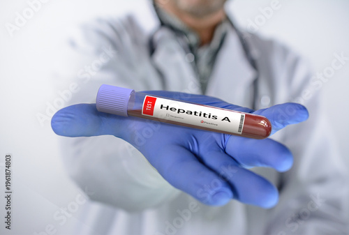 Doctor with gloves holds a test tube with a blood test for hepatitis A.