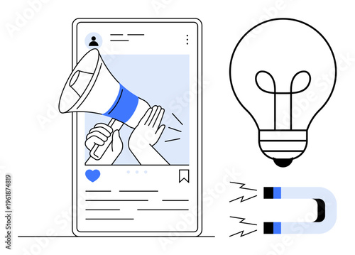 Social media marketing. Social media and megaphone elements advertising strategies. Lightbulb and magnet show creative ideas and customer engagement. For branding, promotion, innovation, user