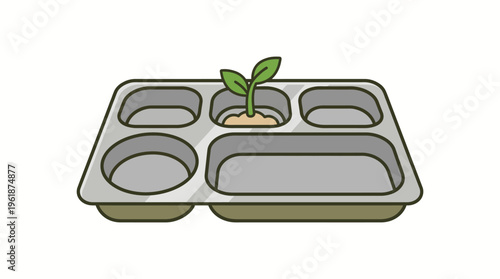 Vibrant green sprout growing in a metal lunch tray compartment