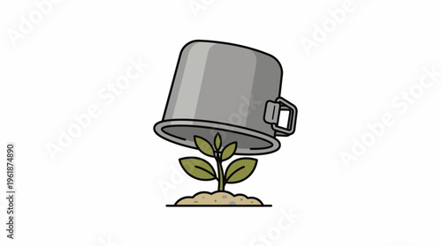 Young plant thriving under the protective cover of an overturned bucket, symbolizing nurture and emerging growth