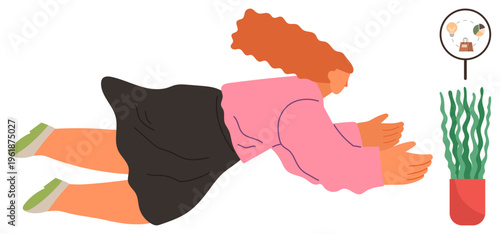 Creativity, innovation, problem-solving, mindfulness, connection with nature, personal growth. Woman reaching toward a potted plant, conceptual thought bubbles. Creativity and innovation concept