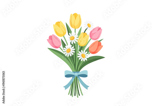 Spring Flower Bouquet Tulips and Daisies with Blue Ribbon 