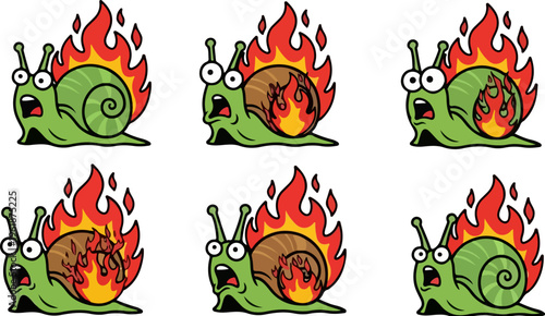 Cartoon snail on fire vector set, funny burning garden gastropod characters, collection of 6 green snails with flaming shells for stickers
