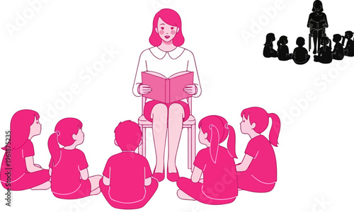 Minimalist pink teacher reading to children vector, kindergarten story time illustration, preschool students sitting in circle for lesson