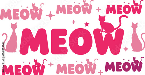 Pink meow typography vector with cat silhouettes, cute kitten lettering for pet lovers, playful feline graphic design on white background