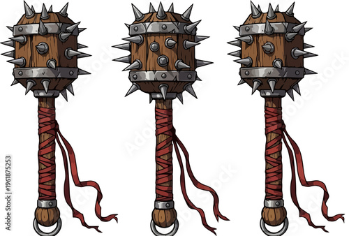 Medieval fantasy mace collection, spiked wooden bludgeon weapon set, 3 hand-drawn morning star clubs with iron spikes and red ribbon grips