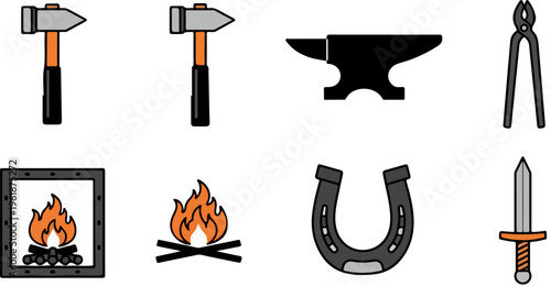 Blacksmith forge icon set with anvil and hammer, medieval metalwork tools vector collection, horseshoe and sword equipment for blacksmithing