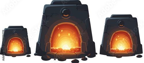 Fantasy stone forge set with glowing fire, medieval blacksmith furnace icons, ancient stone kiln vector illustrations for game design