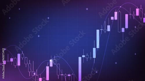 Abstract financial stock market graph with candlestick chart and indicator lines on blue background. Digital investment and trading concept. Design for  financial candlestick and chart.