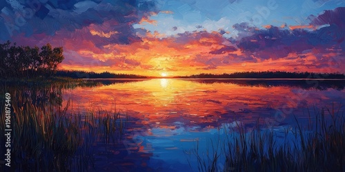 Vibrant sunset over calm lake reflects bright pink and purple clouds, silhouetted trees line distant horizon. Generative by AI.