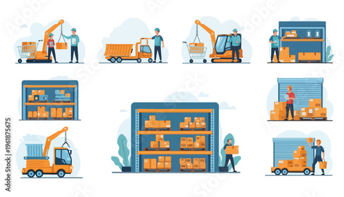 A warehouse logistics system illustrated with various workers operating forklifts and cranes to load and unload boxes and pallets in a warehouse with a blue and orange color scheme
