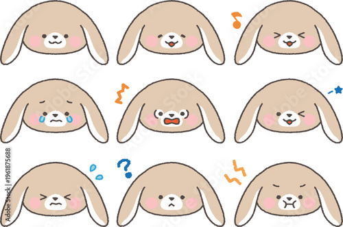 たれみみうさぎの顔アイコン　表情セット　線あり