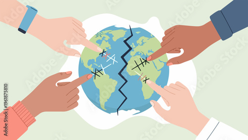 Global Conflict and Unity Vector Illustration with Diverse Hands Pointing at Cracked Earth, World Division, International Crisis and Peace Concept