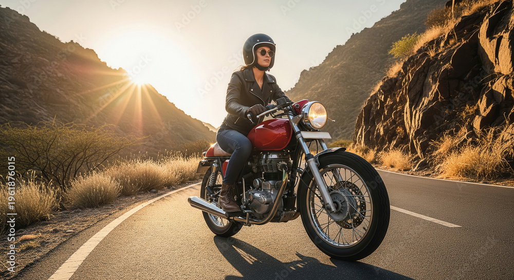 Obraz premium Woman Rides Classic Motorcycle on Mountain Road at Sunset