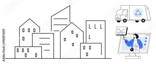 Smart city concept. Smart city buildings with logistics truck and digital communication. Smart city integrating technology, logistics systems, and online business. For tech, business, urbanization