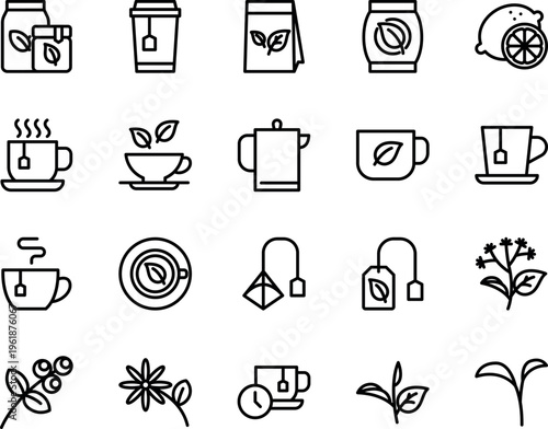 Tea beverage line vector icon set teacup teapot teabag leaf lemon