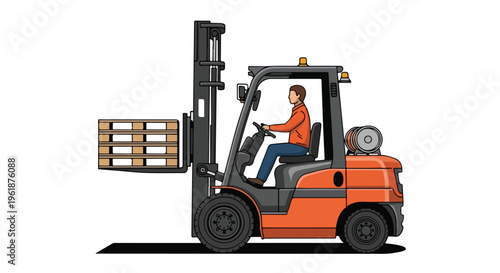 A warehouse worker operates a forklift with a pallet in a warehouse logistics system