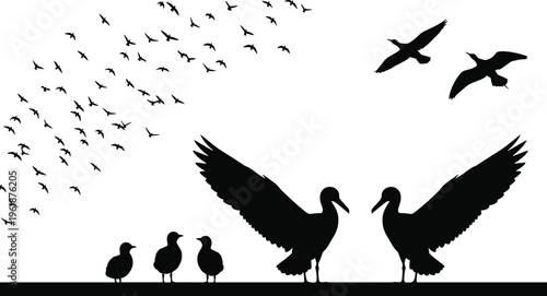 Bird silhouette collection with perched and flying flock, wildlife nature design, animal motion artwork, migration symbol, grounded and airborne positions, flat vector illustration