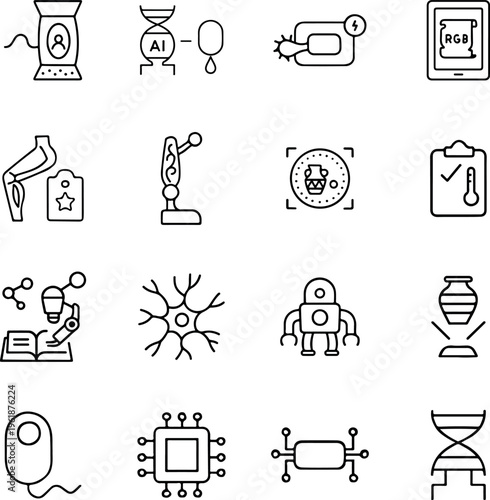 Science technology line vector icon set DNA robot microchip neuron