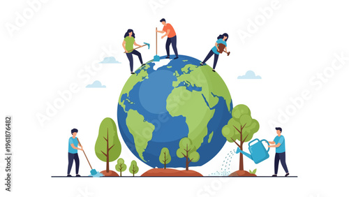 People Caring for Earth Vector Illustration with Tree Planting, Cleaning, Watering and Global Environmental Protection Concept