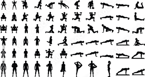 Black silhouette illustration showing diverse exercise poses including weightlifting, lunges, squats, push-ups, planks, stretching, and yoga positions, 