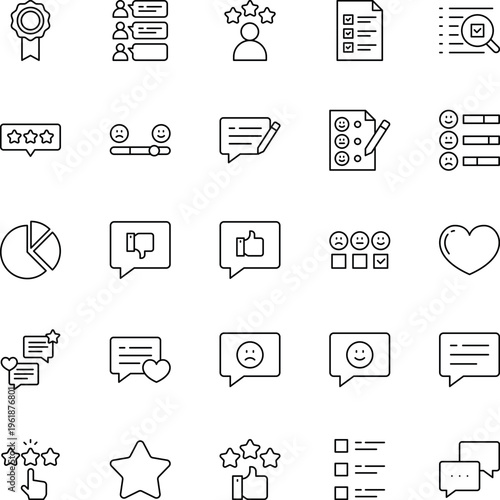 Feedback review rating line vector icon set stars thumbsup speech bubble checklist