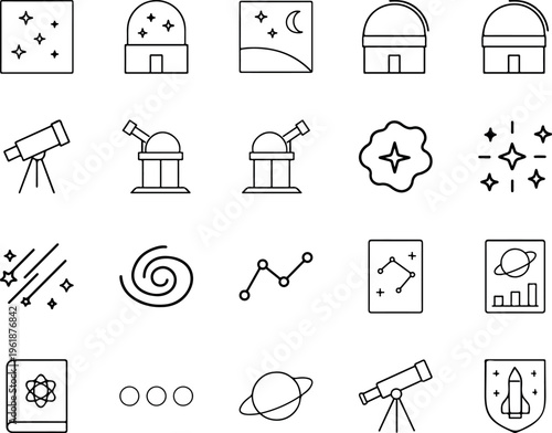 Astronomy space science line icon set telescope planet stars galaxy