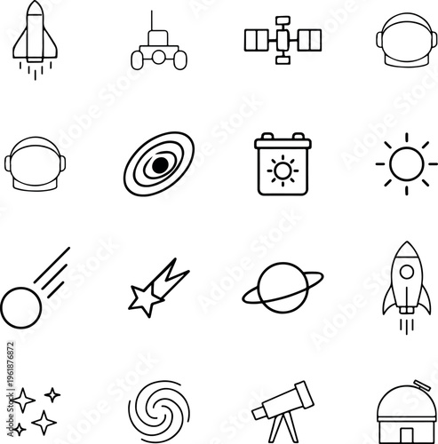 Space astronomy line vector icon set rocket astronaut planet sun