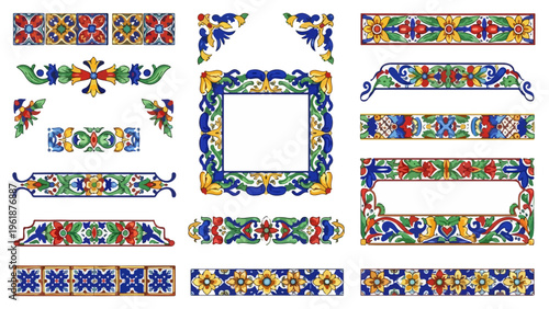 Colorful Ceramic Tile Border Vector Pack with Floral Mediterranean Frames, Decorative Mexican Talavera Ornaments and Seamless Strips